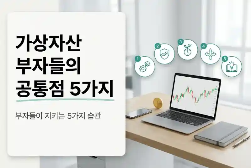 가상자산 부자들의 공통점 5가지: 블로그용 썸네일 3:2로 현실성 있고 깔끔하게 그려줘