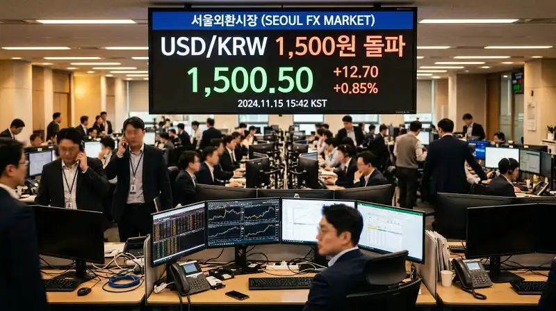 'USD/KRW 1,500원 돌파' 한글이 보이는 서울 외환시장 전광판 실사 사진