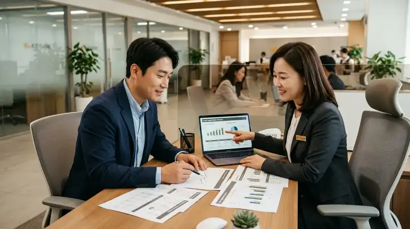 은행 대출 상담사와 고객이 서류를 검토하는 실사 이미지