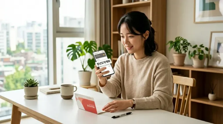 20대 후반 직장인이 스마트폰으로 뱅킹 앱을 확인하는 장면입니다.