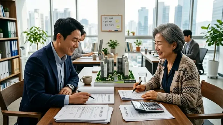 60대 부모님과 30대 자녀가 나무 테이블을 사이에 두고 마주 앉아 상담하는 따뜻한 장면이에요.