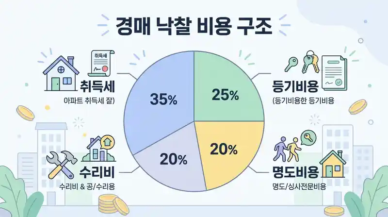 경매 낙찰 비용 구조를 보여주는 파이차트 인포그래픽