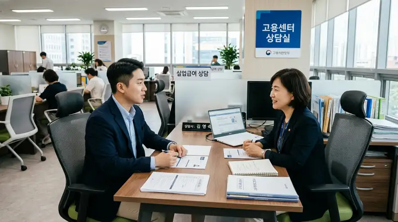 고용센터 상담실에서 상담사와 구직자가 대화하는 실제 사진 스타일