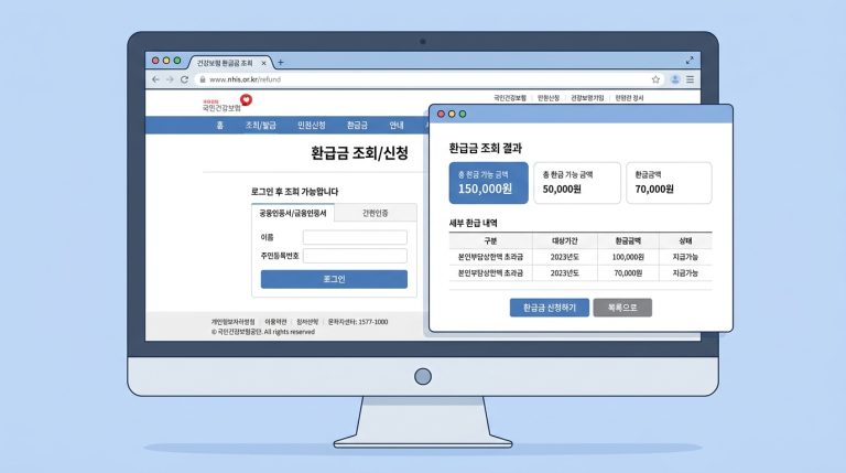 데스크톱 모니터에 표시된 국민건강보험공단 웹사이트 환급금 조회 페이지