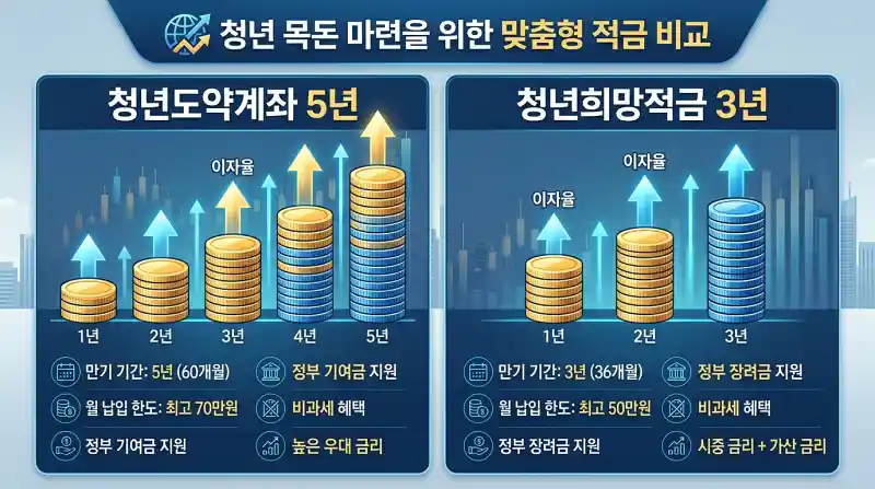 두 가지 청년 저축 상품을 나란히 비교한 차트예요.