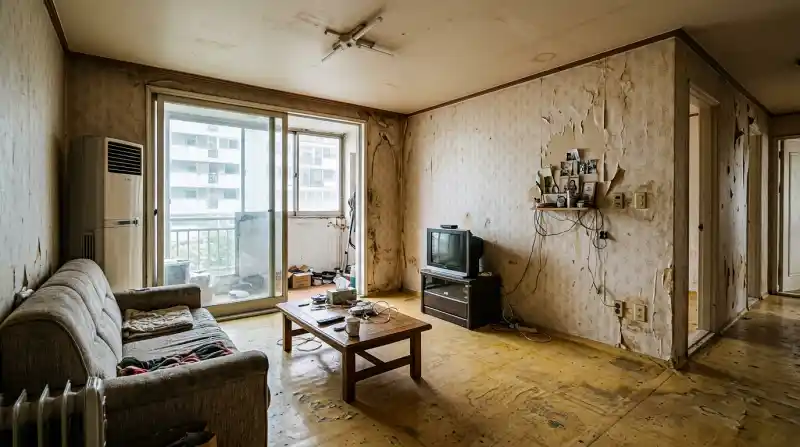 리모델링 전 낡은 아파트 내부 - 벗겨진 벽지와 오래된 장판이 보이는 실제 상태