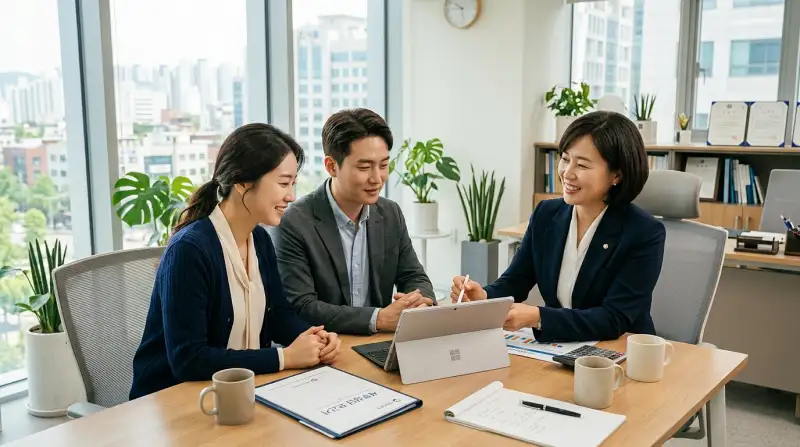밝은 현대식 사무실에서 30대 한국인 부부가 정장을 입은 전문 세무사와 함께 책상에 앉아 상담하는 장면이에요. 