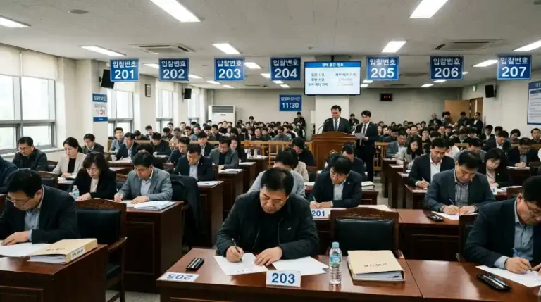 법원 경매장에서 입찰번호판과 함께 입찰서를 작성하는 응찰자들의 모습