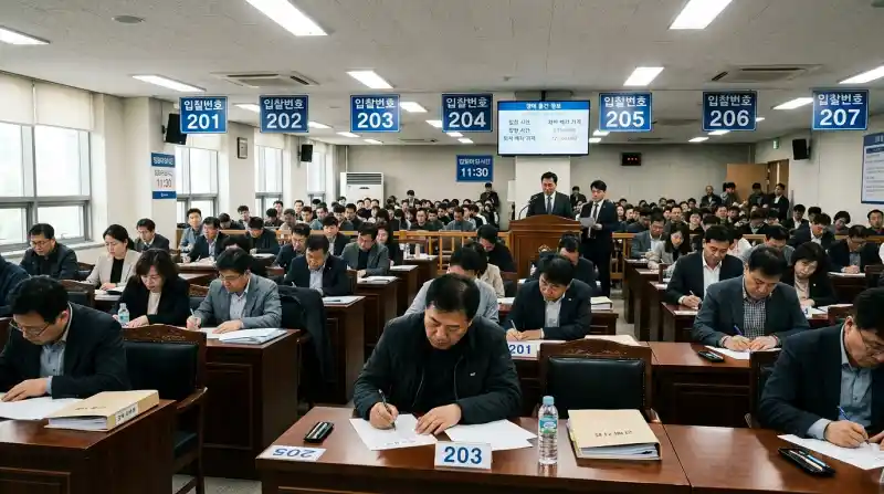 법원 경매장에서 입찰번호판과 함께 입찰서를 작성하는 응찰자들의 모습