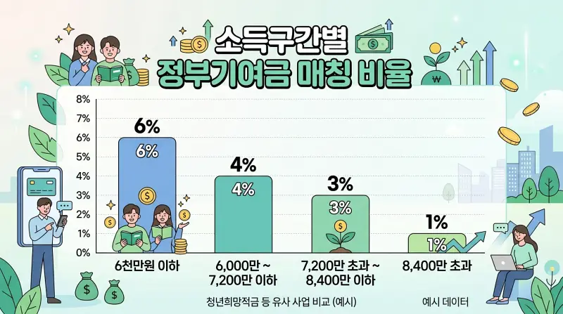 소득구간별 정부기여금 매칭 비율을 비교한 인포그래픽