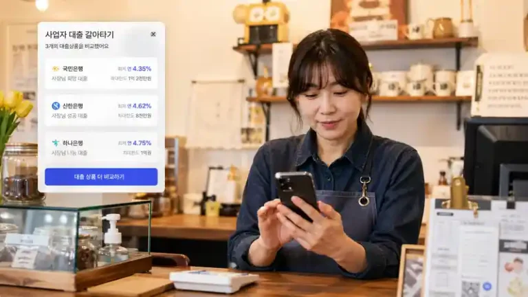 스마트폰 화면에서 대출 금리 비교를 하는 사람