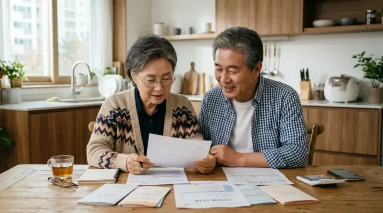 은퇴 부부의 건강보험 서류 검토 장면