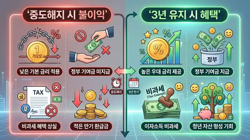 중도해지 vs 3년 유지를 비교하는 분할 화면 인포그래픽입니다.
