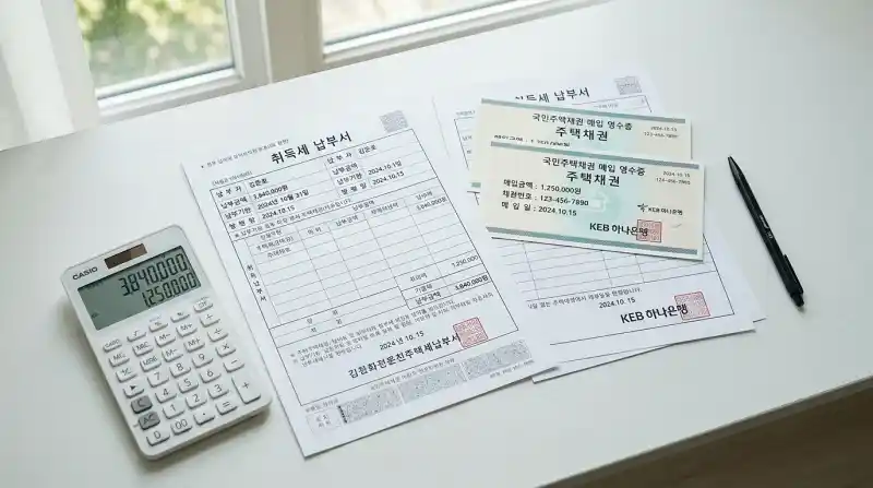 취득세 납부서와 주택채권 영수증 등 세금 관련 서류 정리 사진