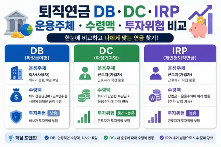 퇴직연금 DB·DC·IRP 운용주체, 수령액, 투자위험 비교
