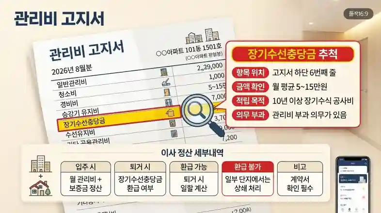 아파트 관리비 고지서에서 장기수선충당금 항목 위치 및 이사 정산 세부내역 확인법