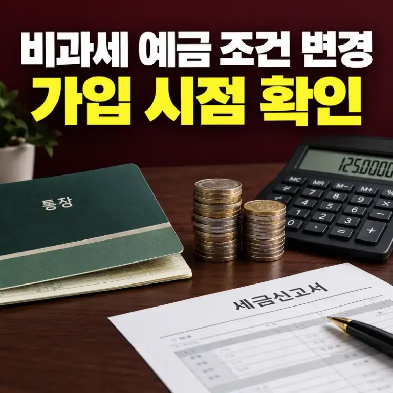 비과세 예금 조건 변경으로 이자에서 차감되는 세금을 계산기와 예금통장으로 비교하는 장면