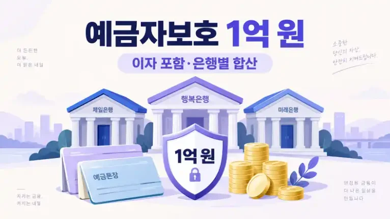 예금자보호 1억 원의 이자 포함 기준과 금융회사별 합산을 설명하는 이미지