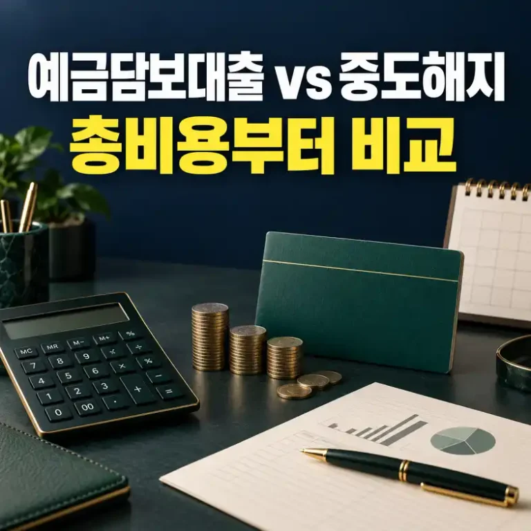예금담보대출과 중도해지 비용 비교를 표현한 통장과 계산기, 동전