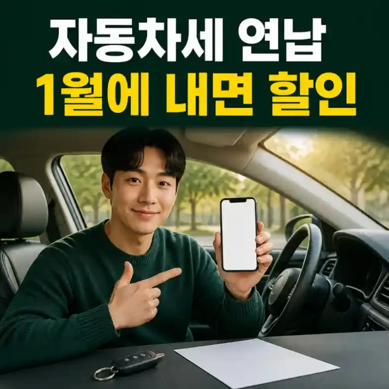 자동차세 연납 신청을 위해 스마트폰으로 자동차세 납부 화면을 확인하는 운전자