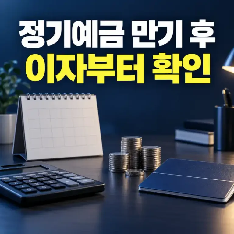 정기예금 만기 후 이자 확인을 상징하는 달력과 계산기, 동전, 예금통장