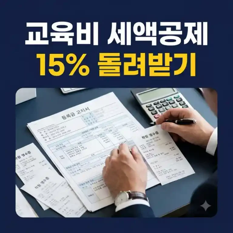 교육비 세액공제를 계산하기 위해 등록금 고지서와 학원비 영수증을 확인하는 직장인
