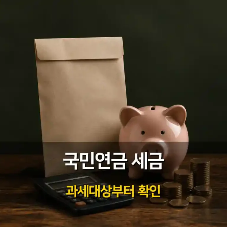 연금 지급 통지서와 저금통 앞에서 국민연금 수령 세금을 계산기로 확인하는 사람