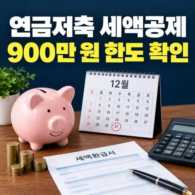 연금저축 세액공제 900만 원 한도를 채우려고 12월 달력 옆에서 납입액과 환급액을 계산하는 직장인