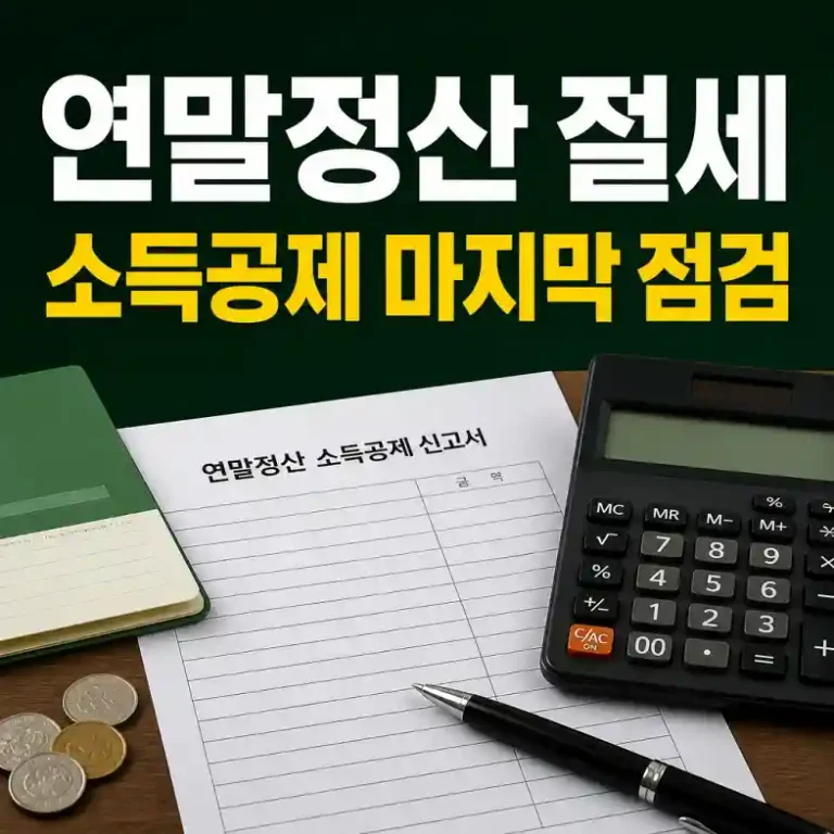연말정산 절세 — 소득공제 신고서와 계산기로 공제액을 점검하는 장면
