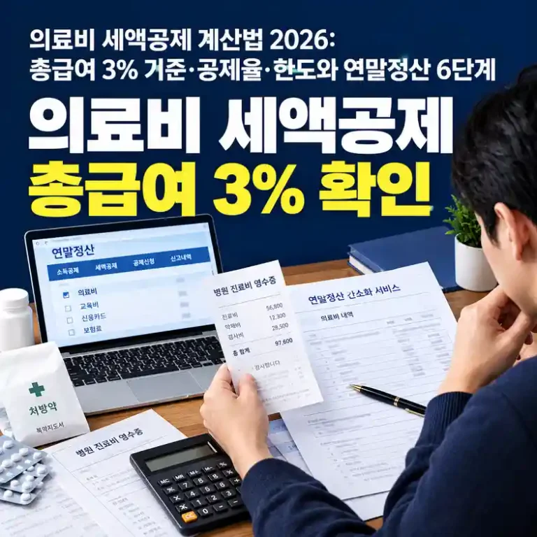 의료비 세액공제를 계산하기 위해 병원 영수증과 연말정산 서류를 확인하는 직장인