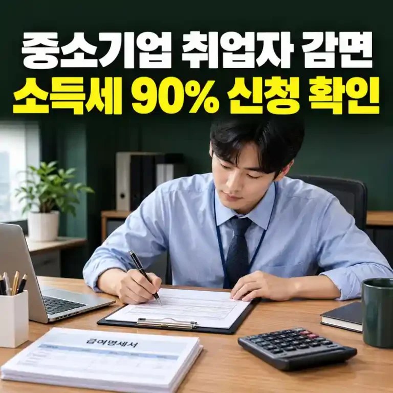 중소기업 취업자 소득세 감면 신청서를 작성하며 급여명세서의 소득세 금액을 확인하는 청년 직장인