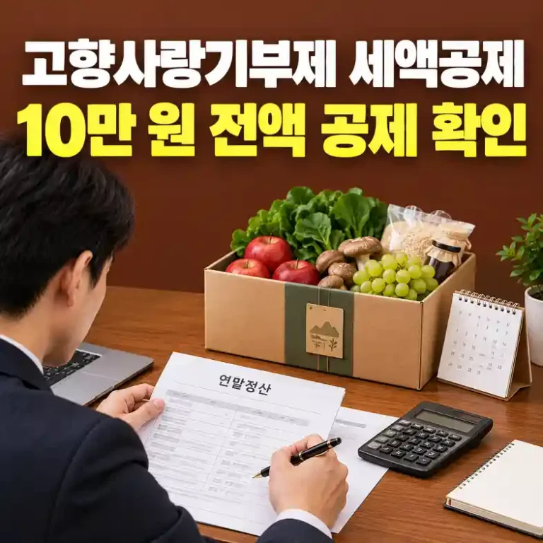고향사랑기부제 세액공제 금액을 계산하며 답례품 상자와 연말정산 서류를 확인하는 직장인